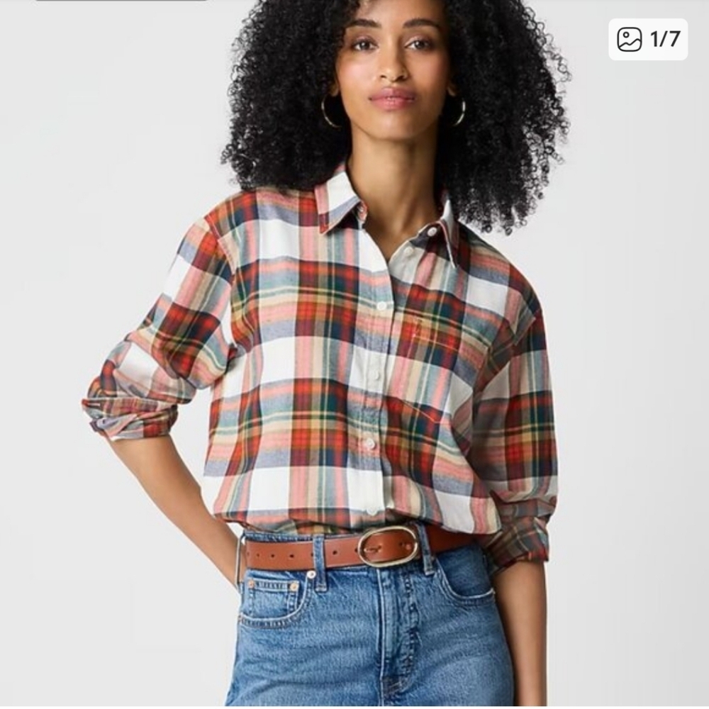 J Crew Womens Sz L Ivory Multi  Plaid Flannel Button-Down Shirt  GUC